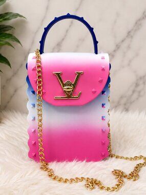 Pink & Blue Ombre Jelly Phone Crossbody Bag Gold Chain Purse